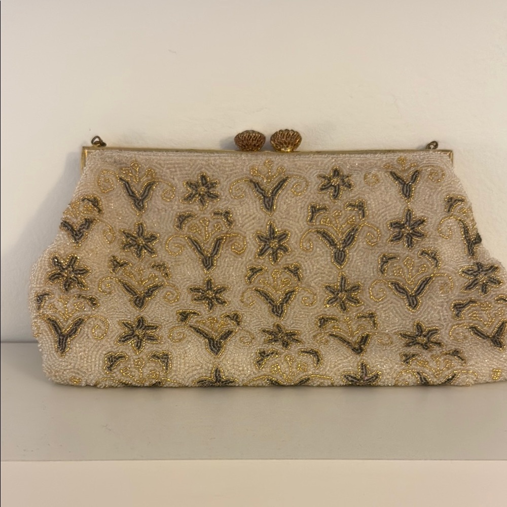 Vintage Cream and Gold Embellished Clutch